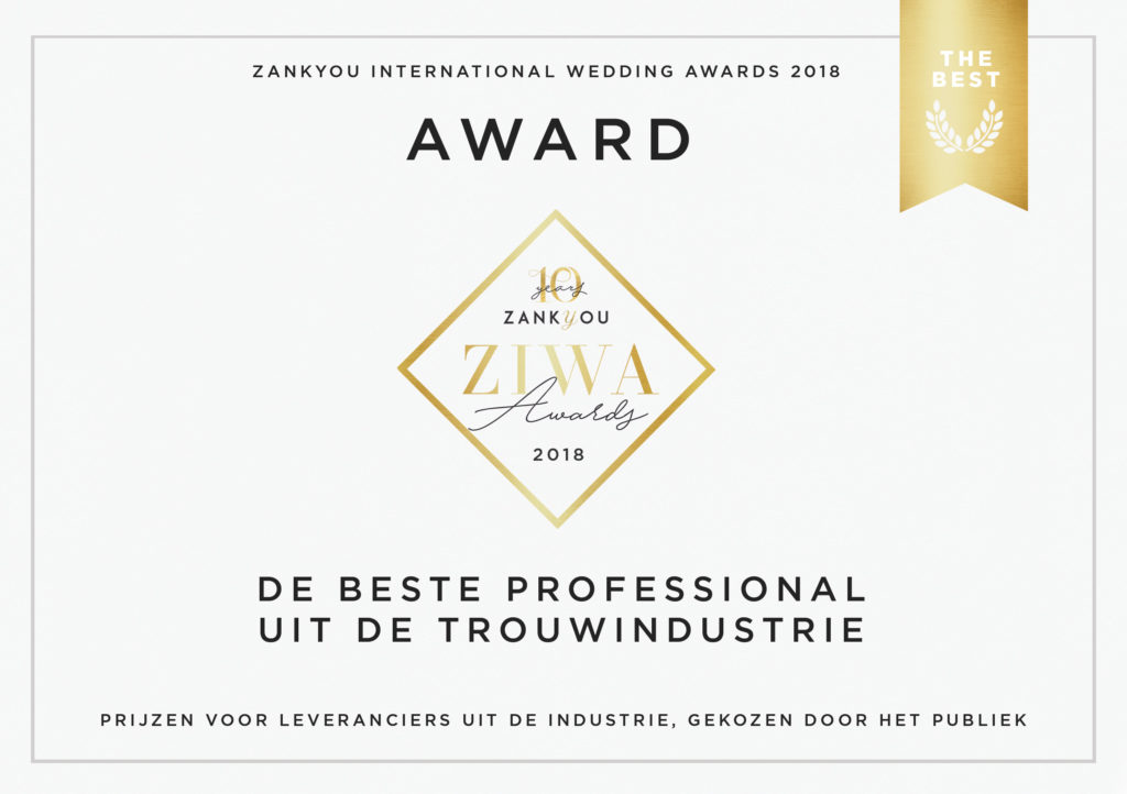 Wedding Wonderland is de winnaar geworden van een 2018 Zankyou International Wedding Award in de categorie trouwjurken! #trots